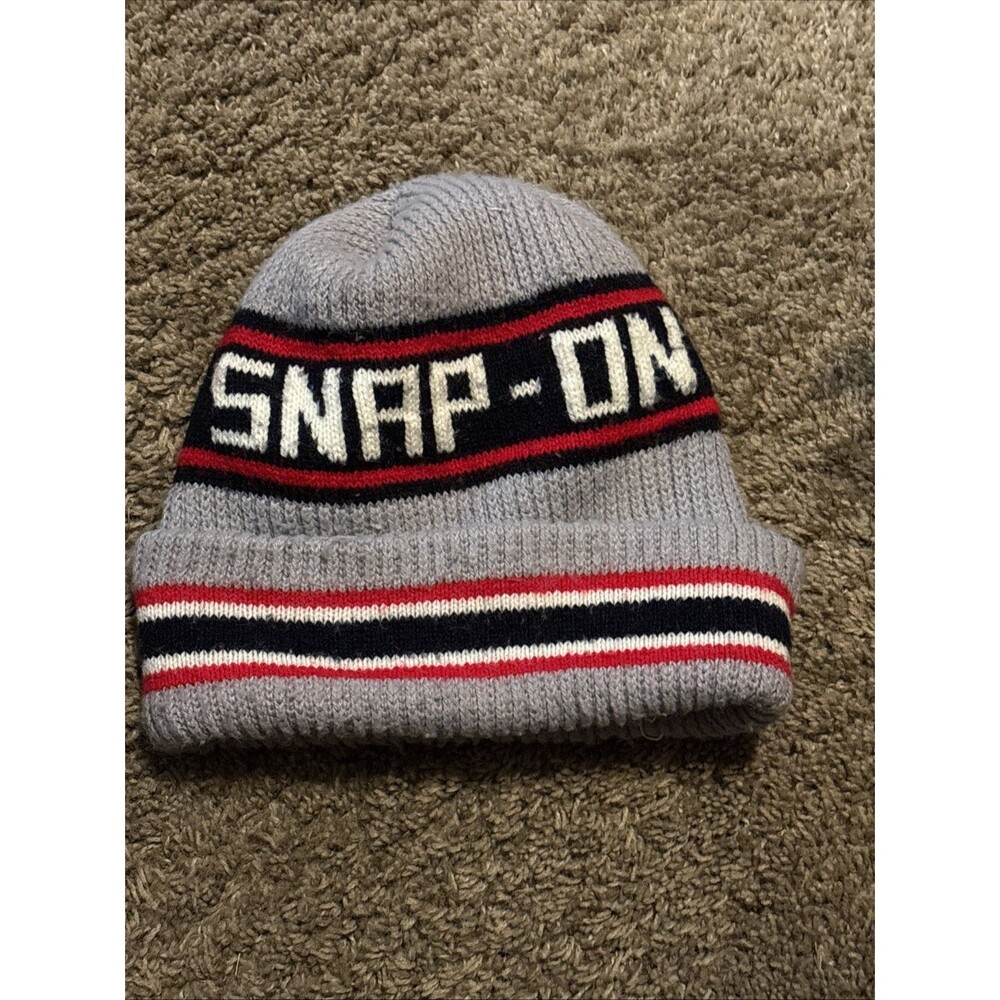 Vintage Snap on Tools Winter Knit Hat Toboggan, Stripe Beanie Cap